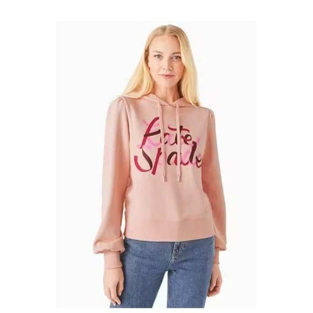 KATE SPADE RIBBON SCRIPT HOODIE Pink Ruby PULL ON SWEATSHIRT Women's S K5477 NWT